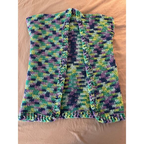 unknown Sweaters - Open Front Handmade Crochet Sweater Vest Multi Color Blues and Greens
